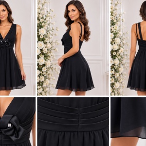 Rochie elegantă scurtă cu fundă și detalii strălucitoare – Negru - Img 2
