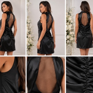 Rochie elegantă scurtă din satin cu detalii strălucitoare și spate din plasă – Negru - Img 2