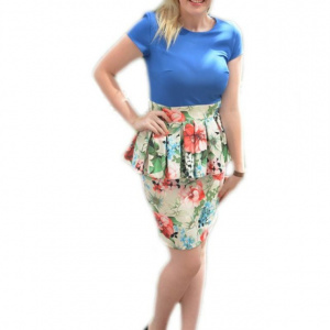 Rochie eleganta, tip costumas, albastra sus si inflorata jos - Img 1