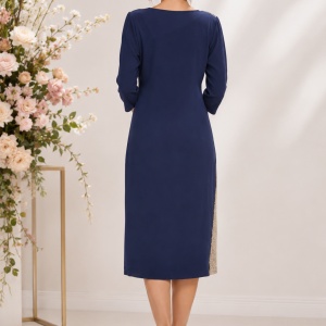 Rochie fashion de culoare bleumarin combinata cu insertii aurii - Img 2