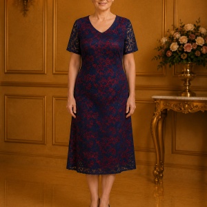 Rochie fashion de gala, dantela bleumarin cu captuseala rosie
