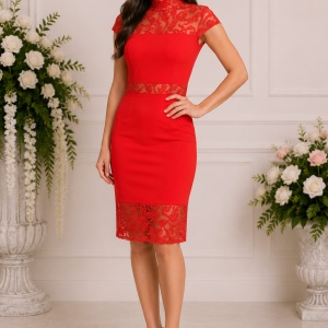 Rochie fashion de ocazie, culoare rosie, cu insertii de dantela