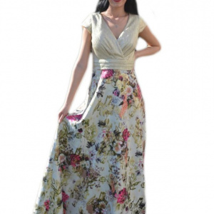 Rochie fashion de ocazie, model lung in nuanta aurie cu flori - Img 1