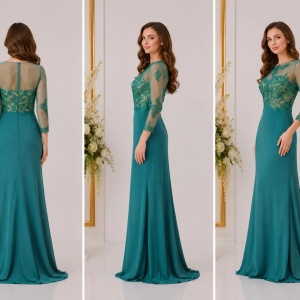 Rochie fashion de seara, verde, model lung cu broderie 3D - Img 2