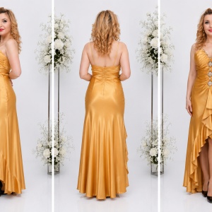 Rochie fashion din saten, nuanta aurie, decor de cristale - Img 3