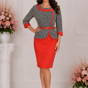 Rochie feminina cu croi deosebit, elegant, culoare rosu-negru-alb