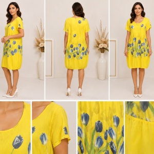 Rochie galbenă de damă cu imprimeu floral – 95% bumbac - Img 2