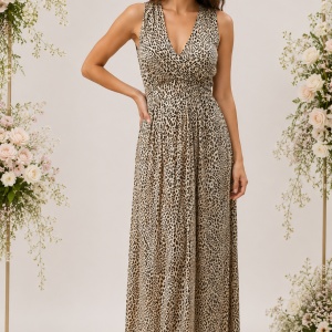 Rochie Isla, cu imprimeu animal print, nuanta de maro