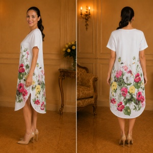 Rochie lejeră din in și bumbac cu imprimeu floral – albă, croi confortabil de vară - Img 3