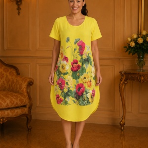 Rochie lejeră din in și bumbac cu imprimeu floral – galben, rosu, confortabil de vară