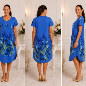 Rochie lejeră din in și bumbac cu imprimeu floral –bleumarin, croi confortabil de vară - Img 2
