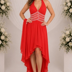 Rochie lunga de nunta cu lungime asimetrica, de culoare rosie
