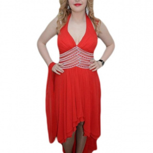 Rochie lunga de nunta cu lungime asimetrica, de culoare rosie