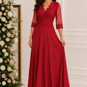 Rochie lunga de seara din voal si dantela, culoare marsala