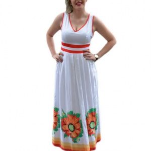 Rochie lunga de zi, culoare alba cu imprimeu de flori si dungi - Img 1