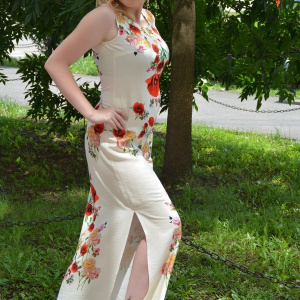 Rochie lunga de zi din in, de culoare bej cu imprimeu floral - Img 3