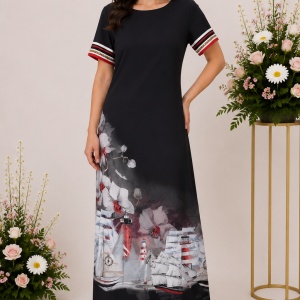 Rochie lunga de zi,Suze cu imprimeu cu flori,nuanta de negru