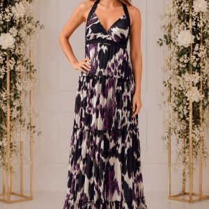 Rochie lunga de zi, vaporoasa de vara, cu imprimeu multicolor