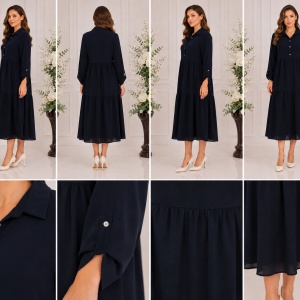 Rochie Midi Elegantă Bleumarin cu Croială Lejeră și Volane - Img 2