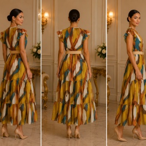 Rochie Midi Elegantă Multicoloră cu Imprimeu Artistic, Decolteu Petrecut și Volane - Img 2