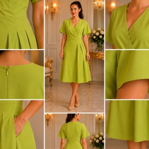 Rochie Midi Elegantă Verde Lime cu Decolteu Petrecut și Croială Feminină - Img 3