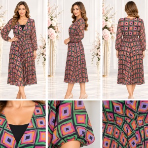 Rochie midi multicolor cu imprimeu geometric și decolteu în V - Img 2