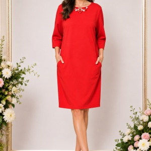 Rochie moderna, de culoare rosie, cu insertie de buzunare