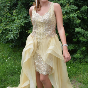 Rochie moderna de ocazie, aurie, cu broderie si paiete fine - Img 3