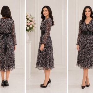 Rochie multicolora, design floral aplicat, centura neagra in talie - Img 2