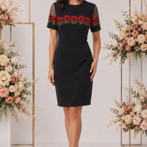 Rochie neagră elegantă cu broderie florală roșie și inserții din voal