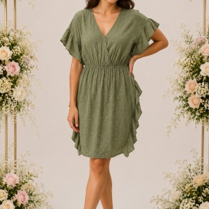 Rochie Paula, din bumbac, imprimeu cu stelute, nuanta kaki