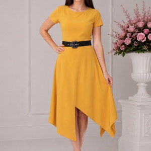 Rochie rafinata, asimetrica, in nuanta de galben si curea neagra