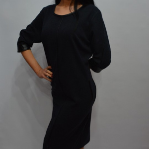 Rochie rafinata, bleumarin cu insertii de piele ecologica neagra - Img 5