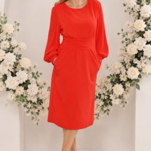 Rochie rafinata, de culoare rosu, maneca lunga, centura in talie