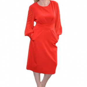 Rochie rafinata, de culoare rosu, maneca lunga, centura in talie - Img 1