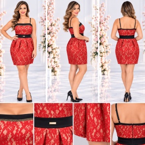 Rochie rafinata de seara, din dantela rosie pe fond bej, model scurt - Img 2