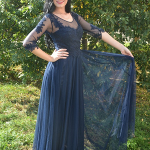 Rochie rafinata din tul stratificat cu aplicatii de dantela, bleumarin - Img 3