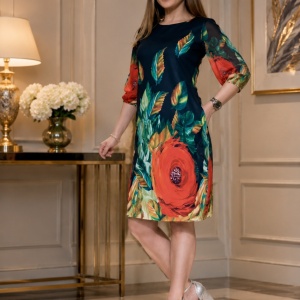 Rochie rafinata Kala in nuanta de bleumarin cu flori