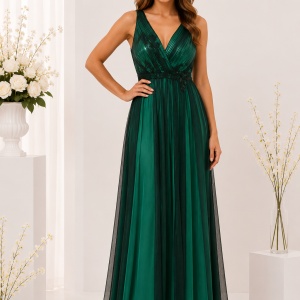 Rochie rafinata lunga, pentru evenimente, pe verde cu tul negru