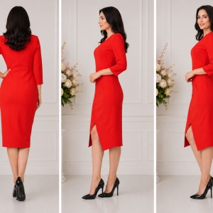 Rochie rafinata Mila cu crepeu in fata,model asimetric,nuanta de rosu - Img 2