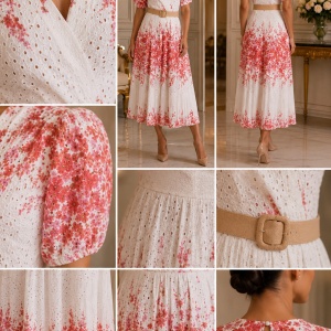 Rochie rafinata Raelynn, nuanta crem-corai cu design floral - Img 4
