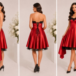 Rochie scurta, din material lucios, cu jupun negru in valuri - Img 3