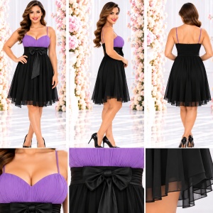 Rochie scurta eleganta, din voal negru si bust fronsat mov - Img 2