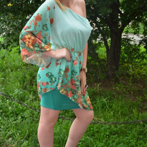 Rochie tinereasca de culoare turcoaz, model cu o maneca larga - Img 4
