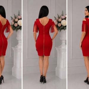 Rochie tinereasca de ocazie, rosie, design de franjuri la maneca - Img 2
