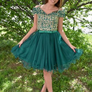 Rochie tinereasca din tul cu design de margele, greenery-auriu - Img 6