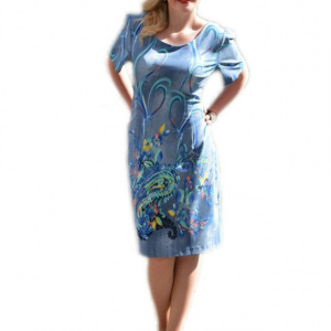 Rochie tinereasca, nuanta albastra, design de flori multicolore - Img 1