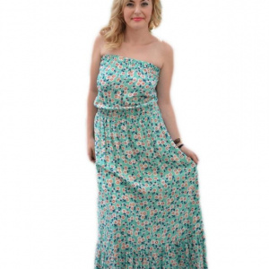Rochie vaporoasa fara bretele, design de flori mici pe fond turcoaz - Img 1