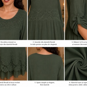 Rochie vaporoasa Laura,insertii de dantela si paiete,nuanta de kaki - Img 2
