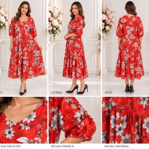 Rochie vaporoasa Nadina de zi,imprimeu floral,nuanta de rosu - Img 2